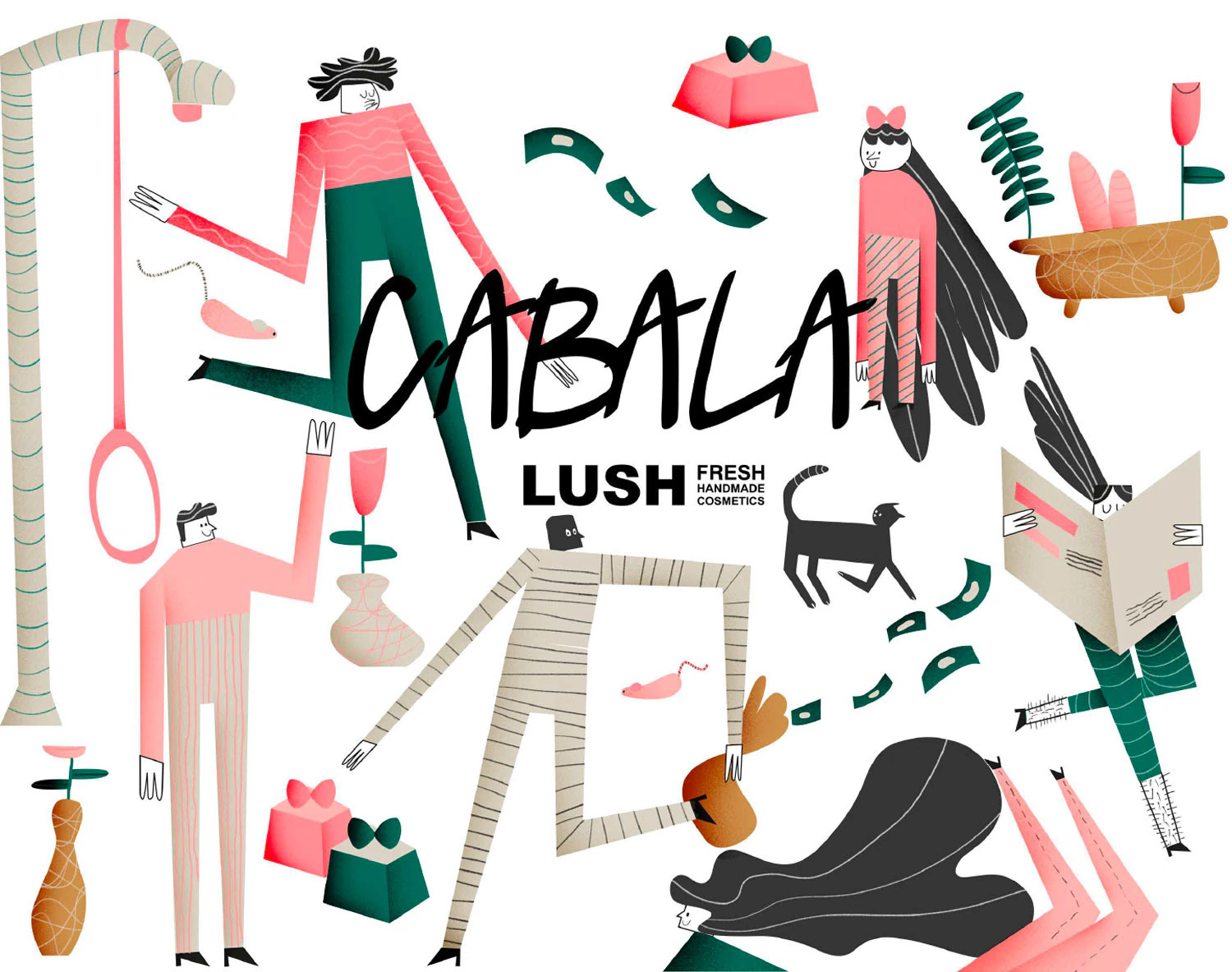 The Cabala illustration for Lush: characters and objects of the Neapolitan cabala in pink, green and black.