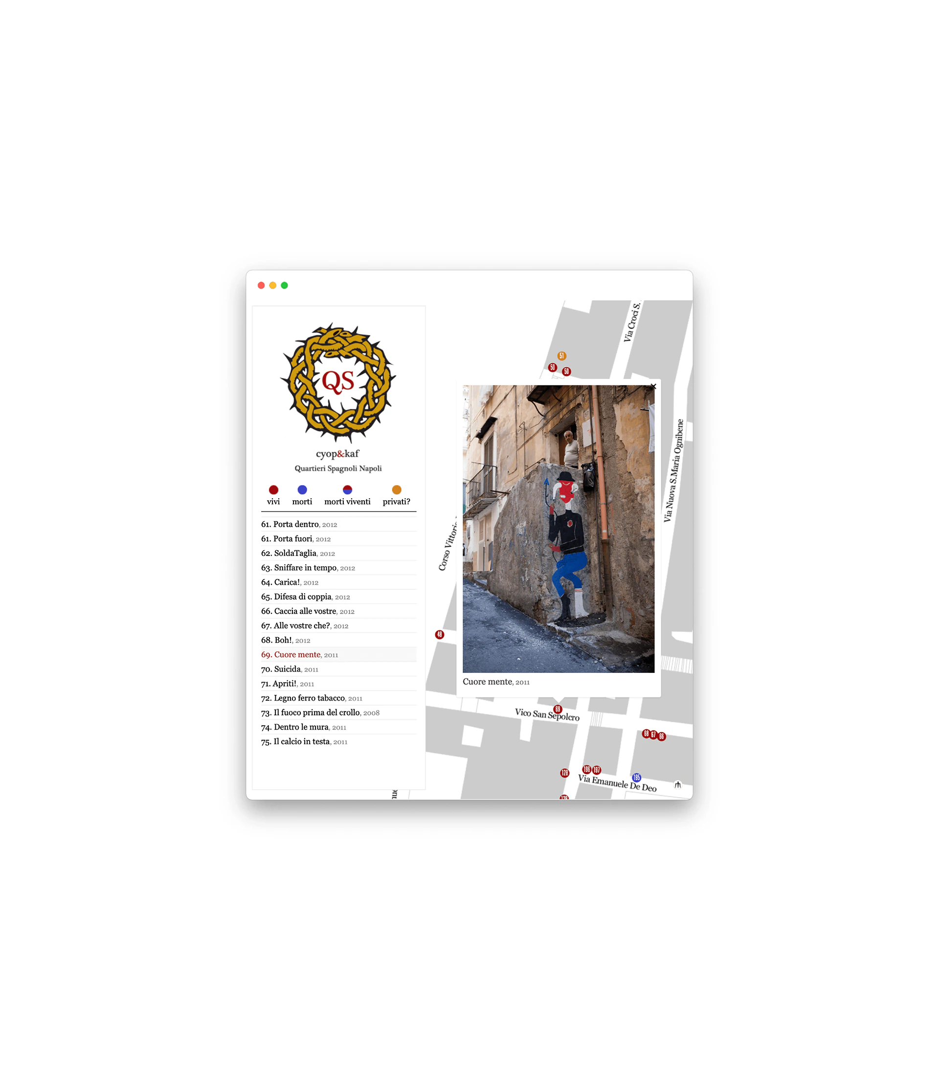 A page pairing a portrait with its mural, on a map of the Spanish Quarters.