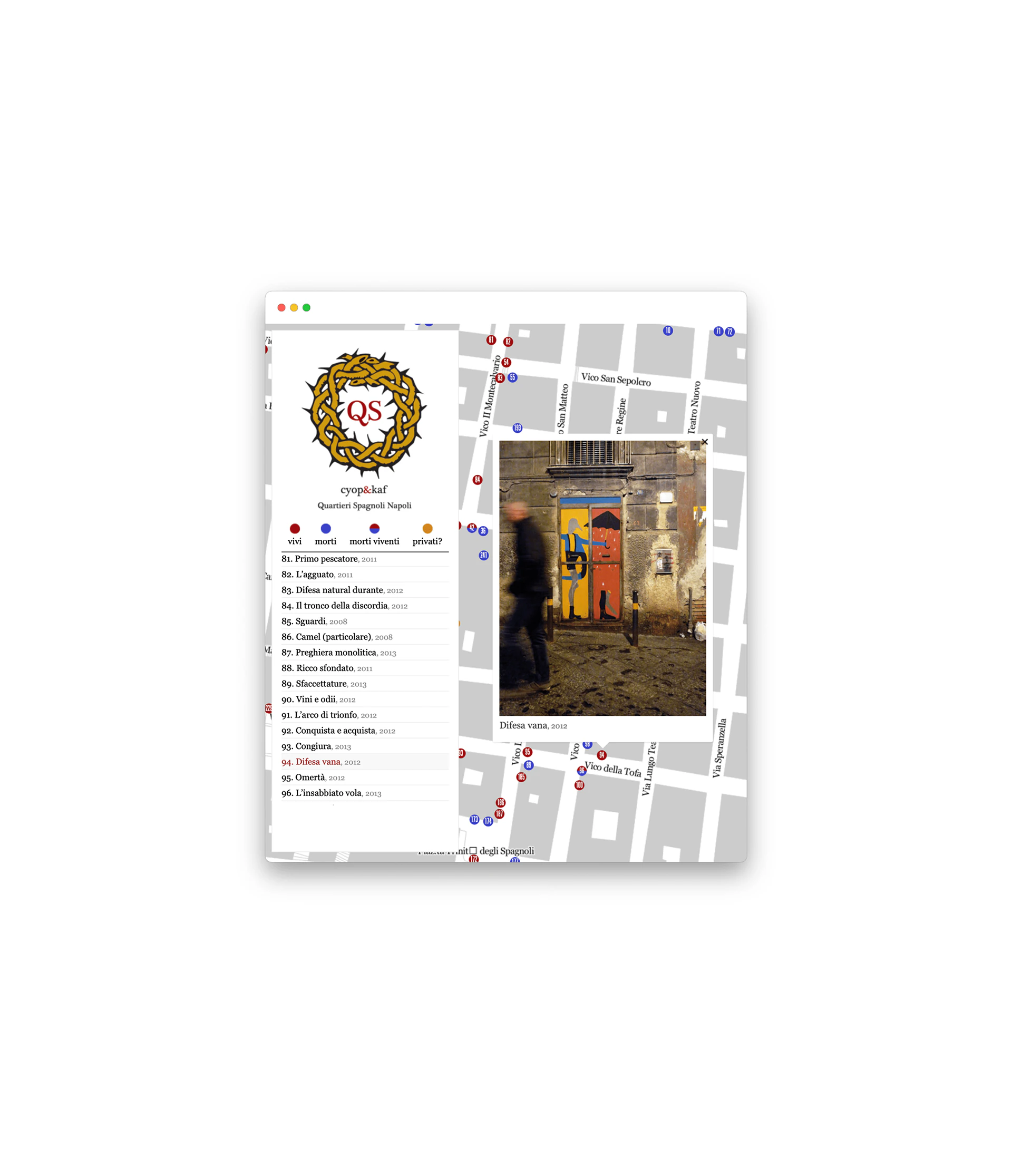 A page with a mural at night and where it is, on a map.