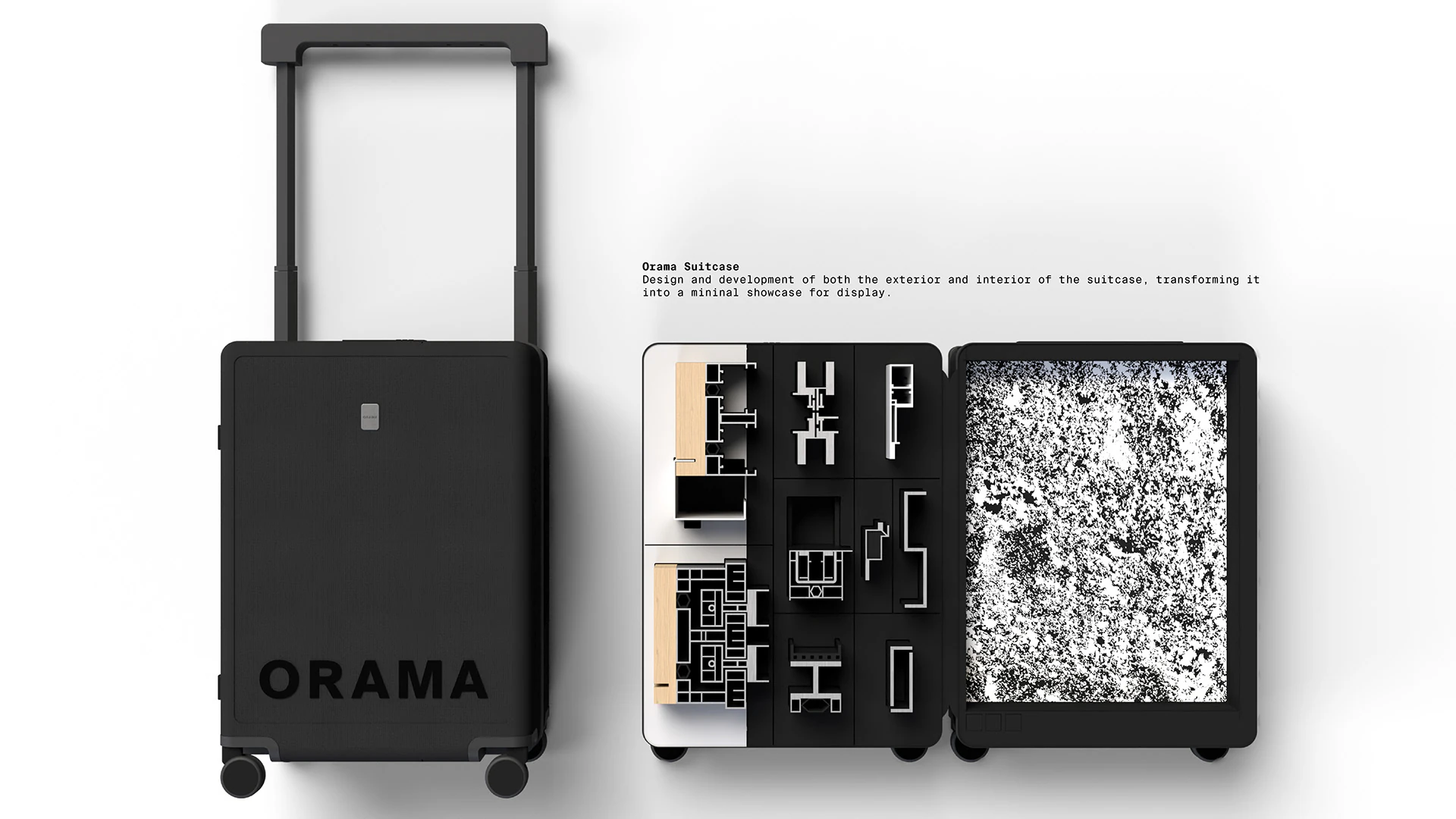 The Orama suitcase closed, and open: the samples on the left, the protective mat on the right.