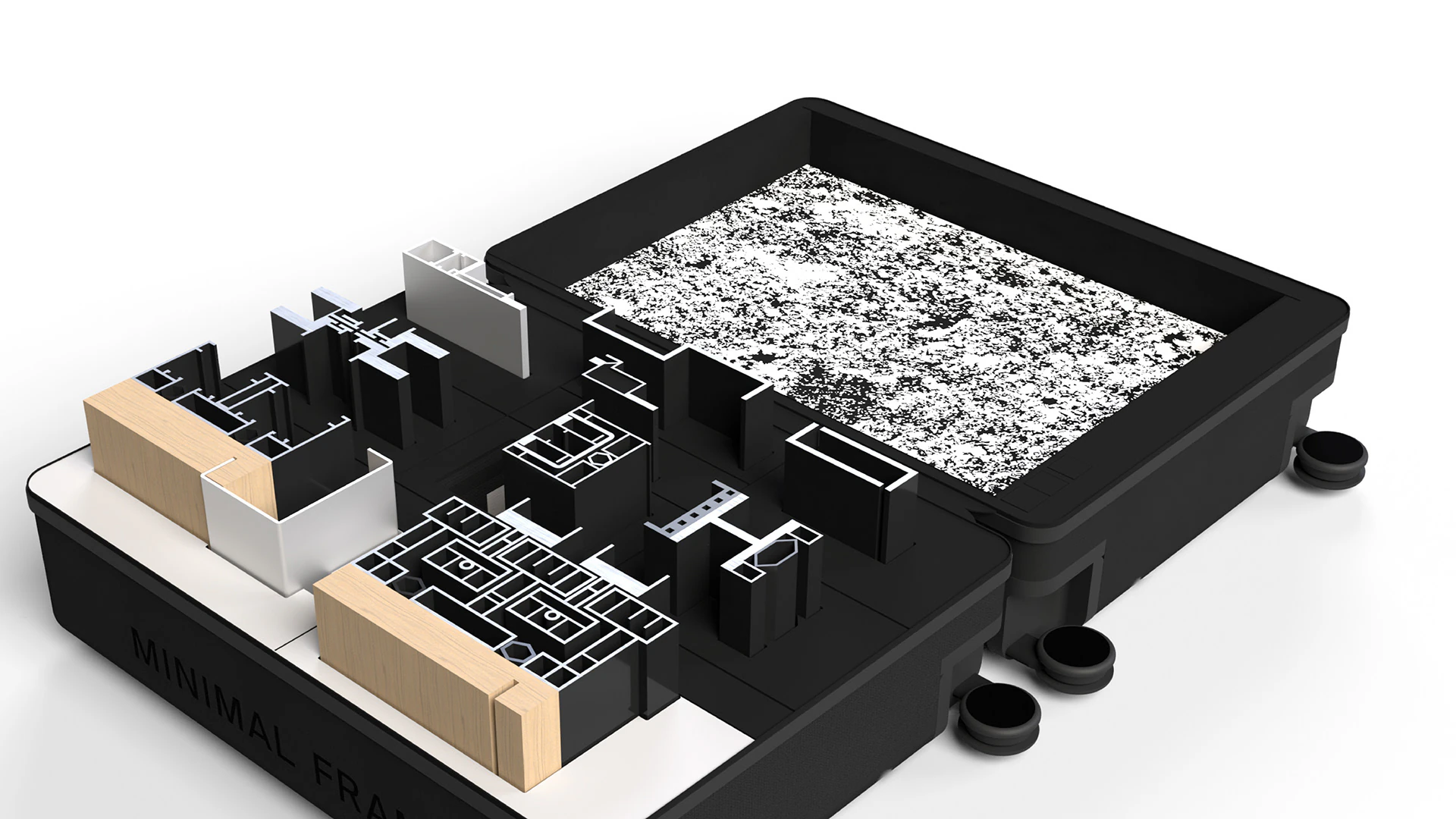 The open suitcase: glazing profile samples in their compartments, and the mat.