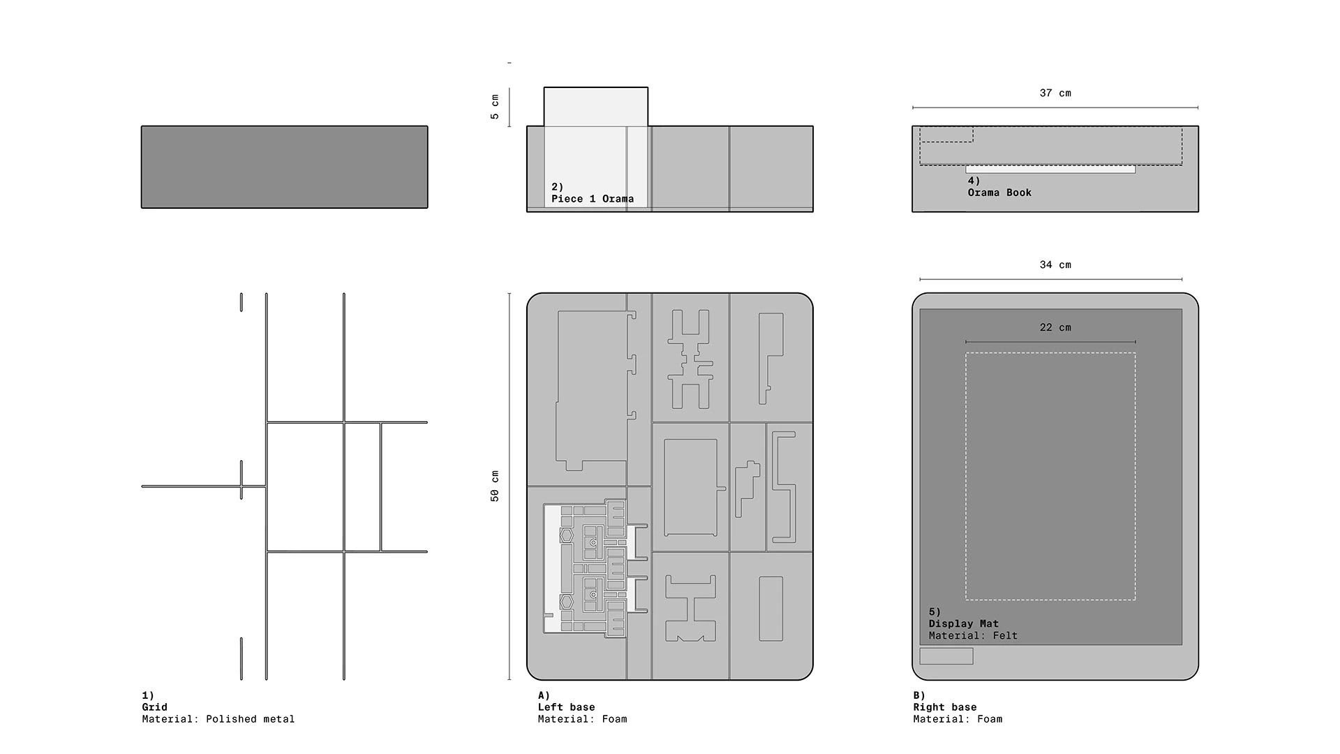 Technical drawings of the inserts and the lid, with dimensions.