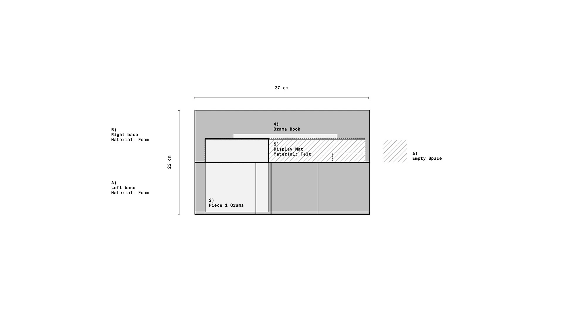 A section drawing of the suitcase, with dimensions.