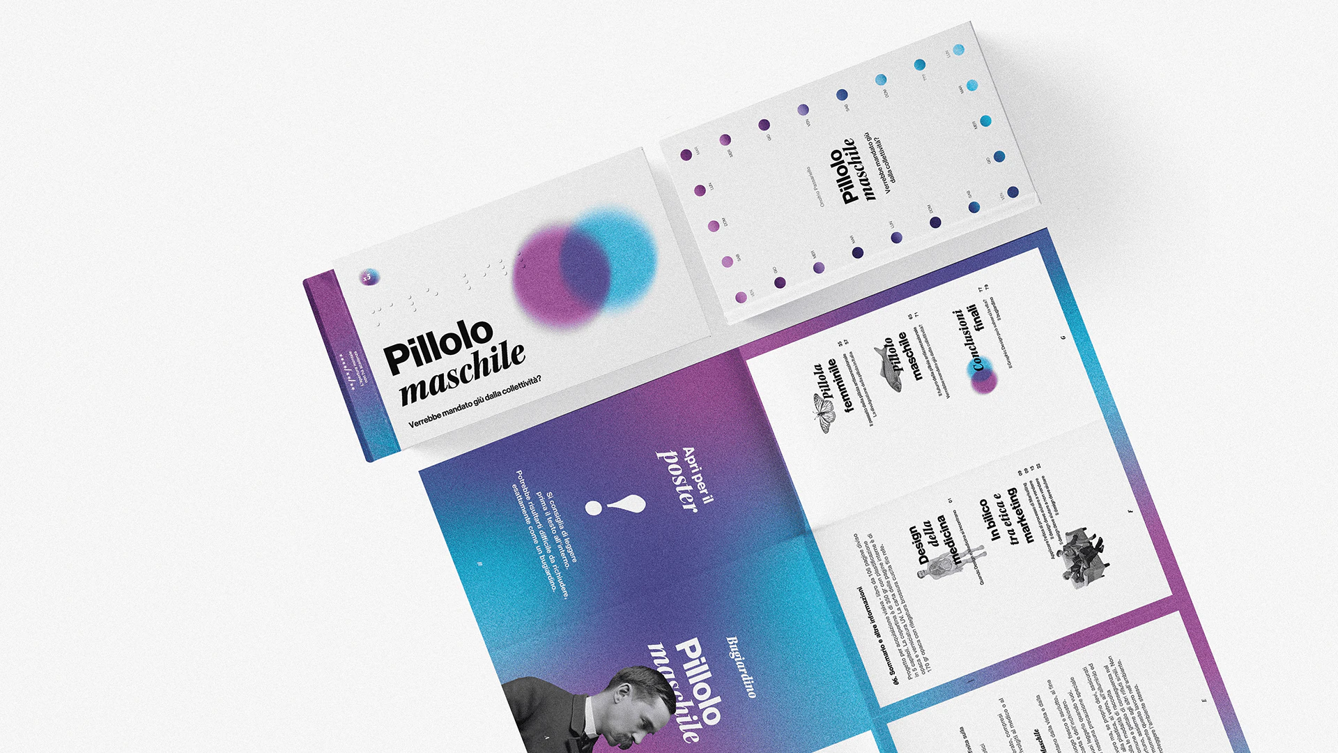 Pillolo maschile: the box and the printed pieces, seen from above.