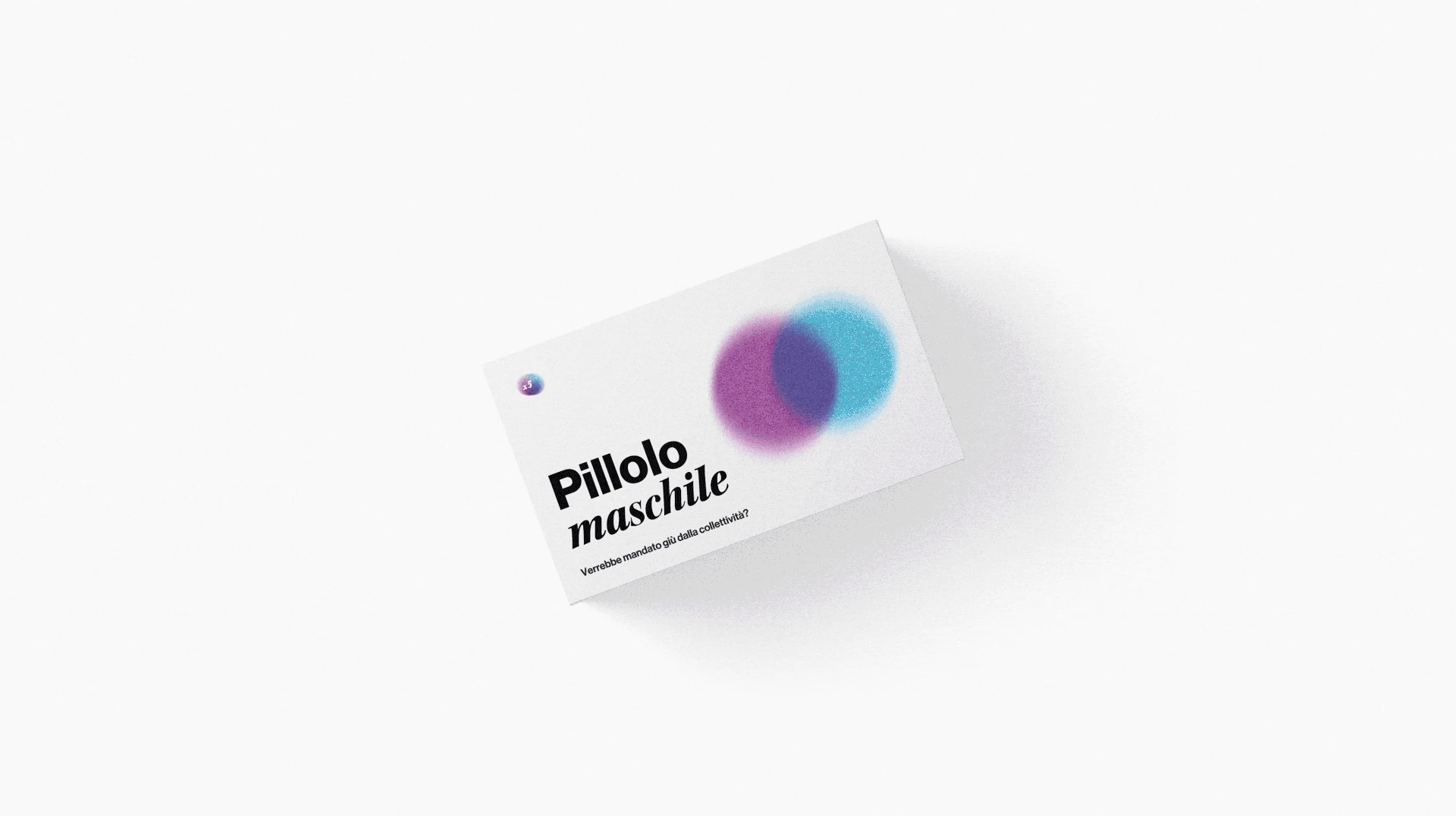 Pillolo maschile boxes laid out in a pattern, with two overlapping circles in purple and blue.