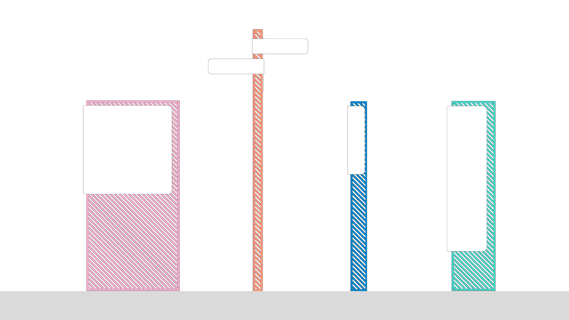 The kinds of signs: map lectern, direction post and totems, in pink, orange, blue and teal.