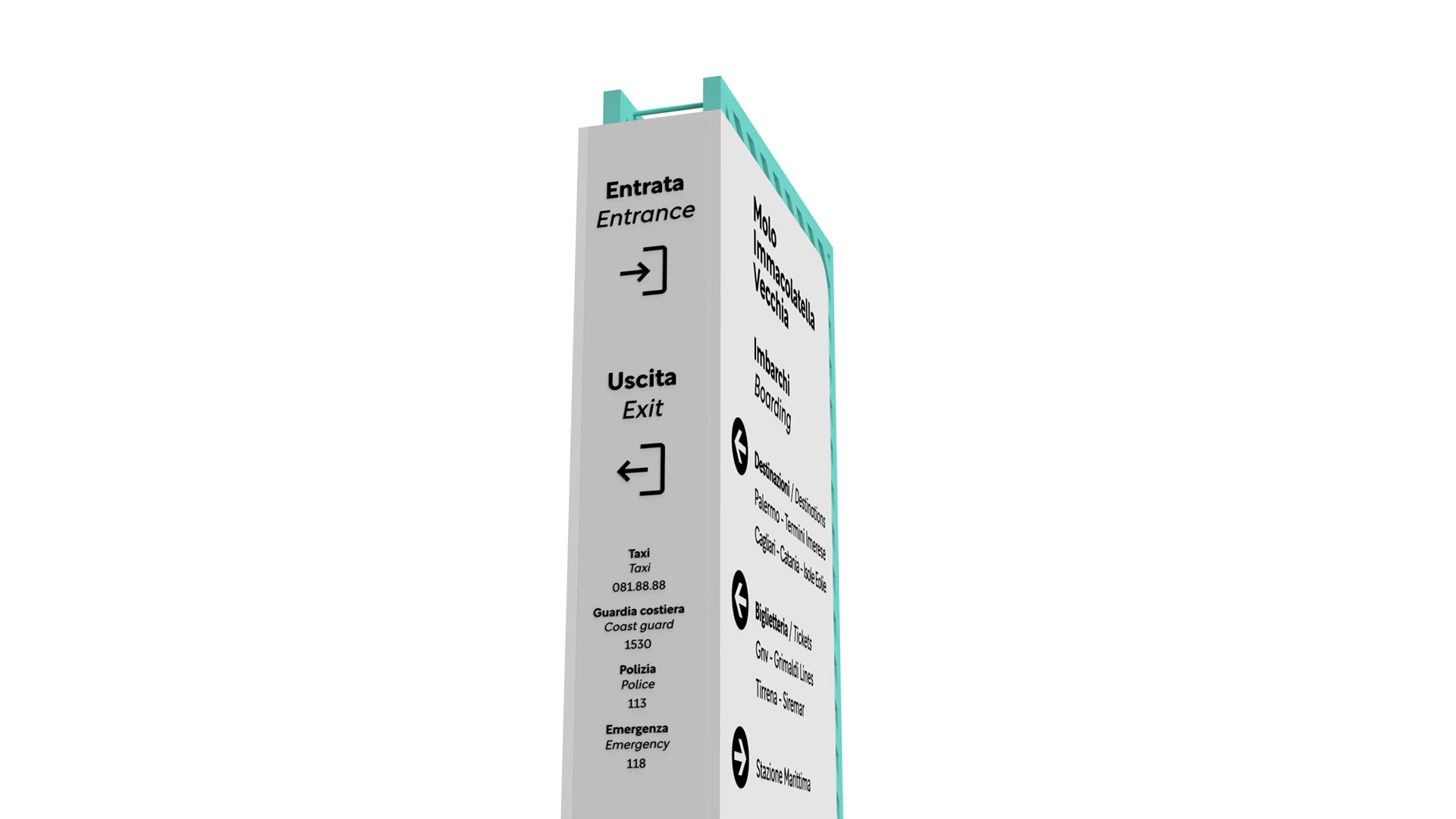 Detail of a totem with the entrance and exit pictograms.