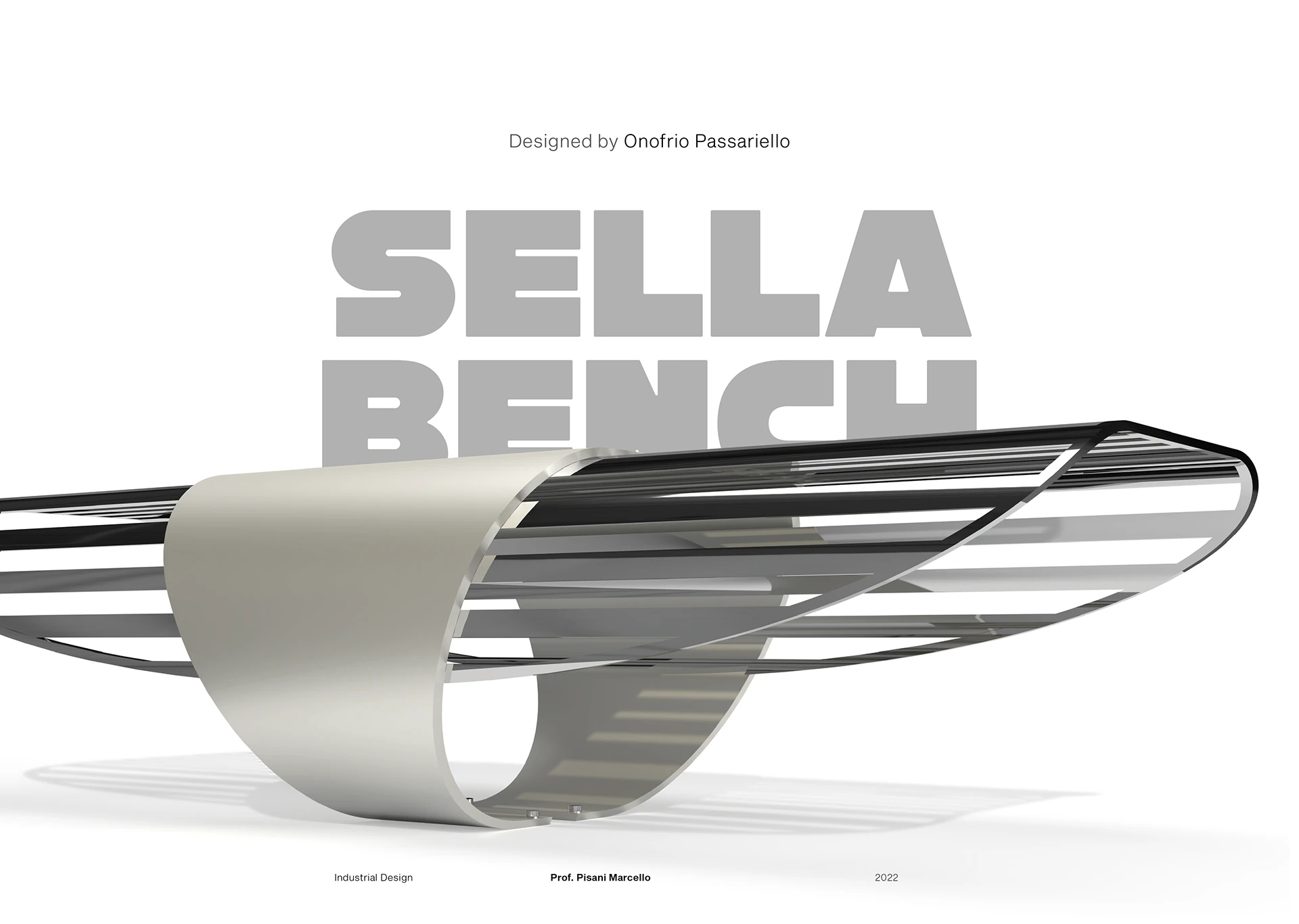 Sella Bench: a rendering of the bench in mirror-finish and matte steel, with its name.