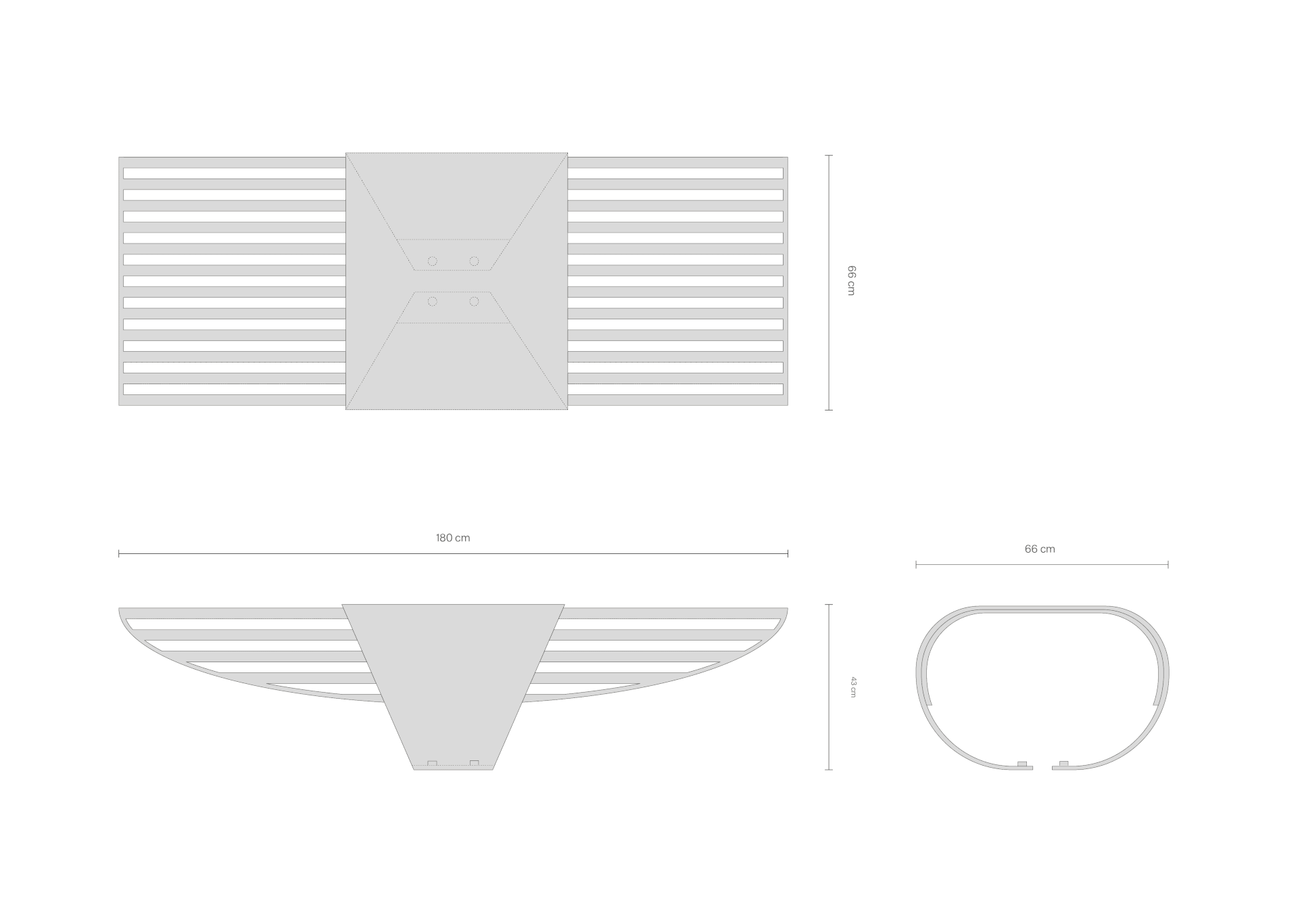 The bench seen from above, from the front and from the side.