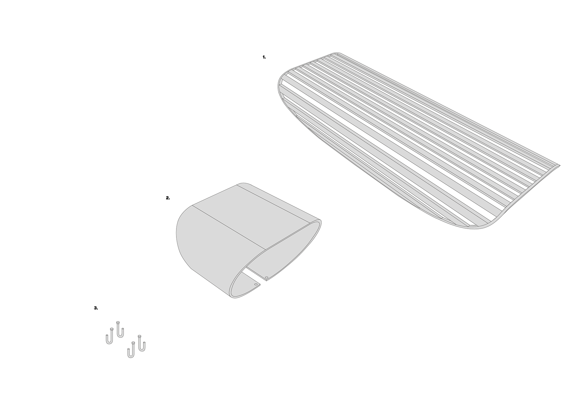 Exploded view: the slatted seat, the curved support and the anchor bolts.