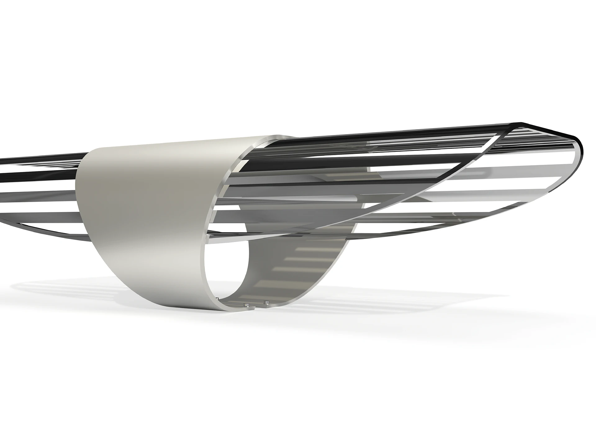 A rendering of the bench in mirror-finish and matte steel.