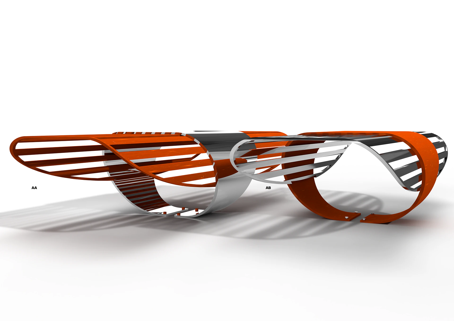 Two benches in Corten steel with mirror-finish supports.