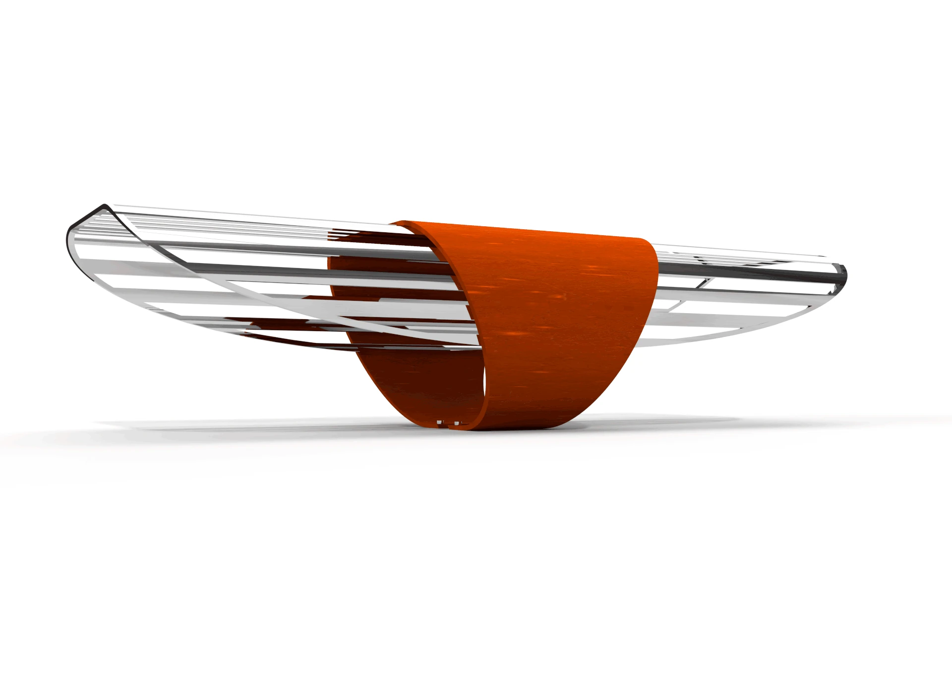 A bench in Corten steel with a mirror-finish support.