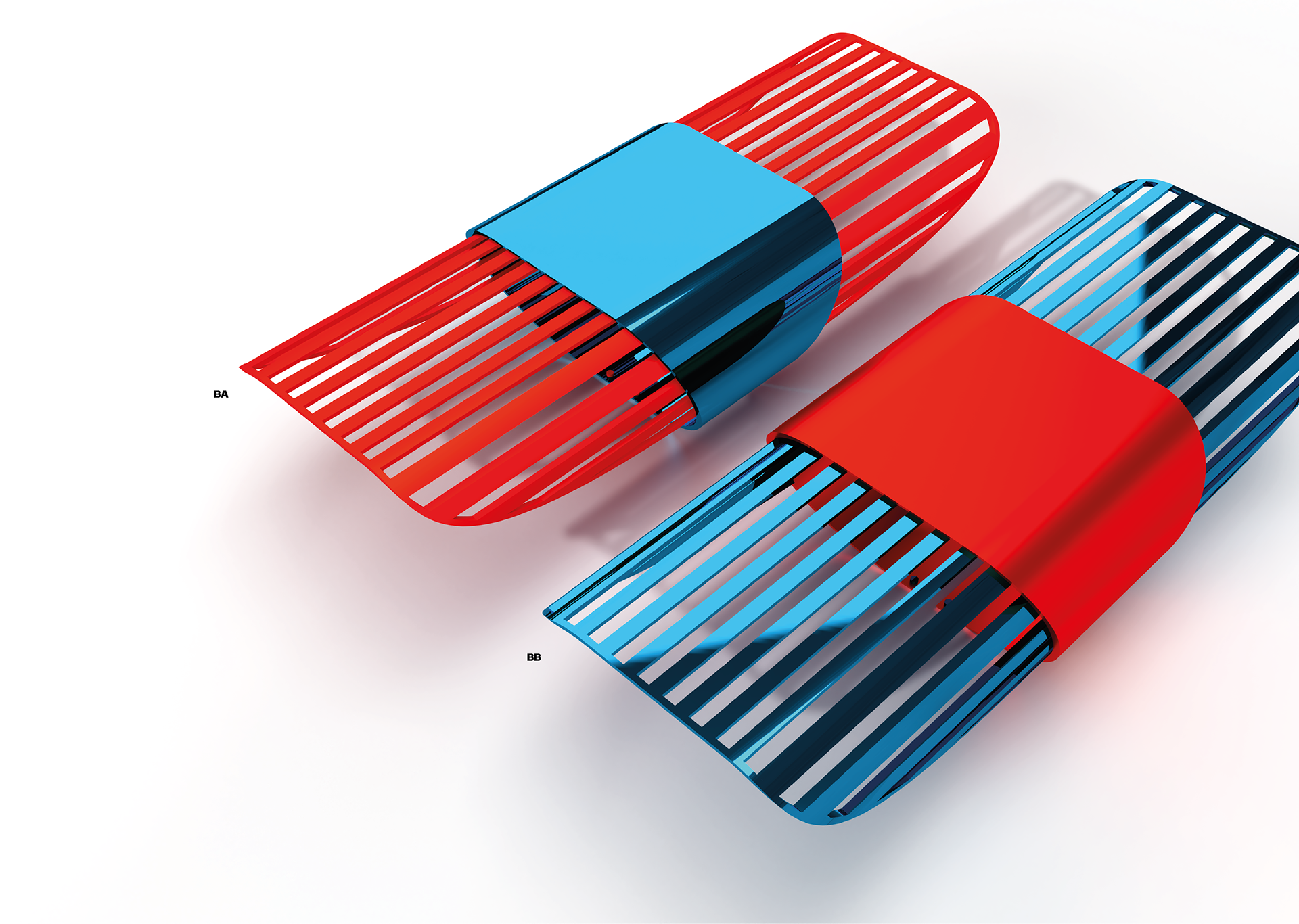 Two benches in blue mirror-finish steel and matte red steel, seen from above.