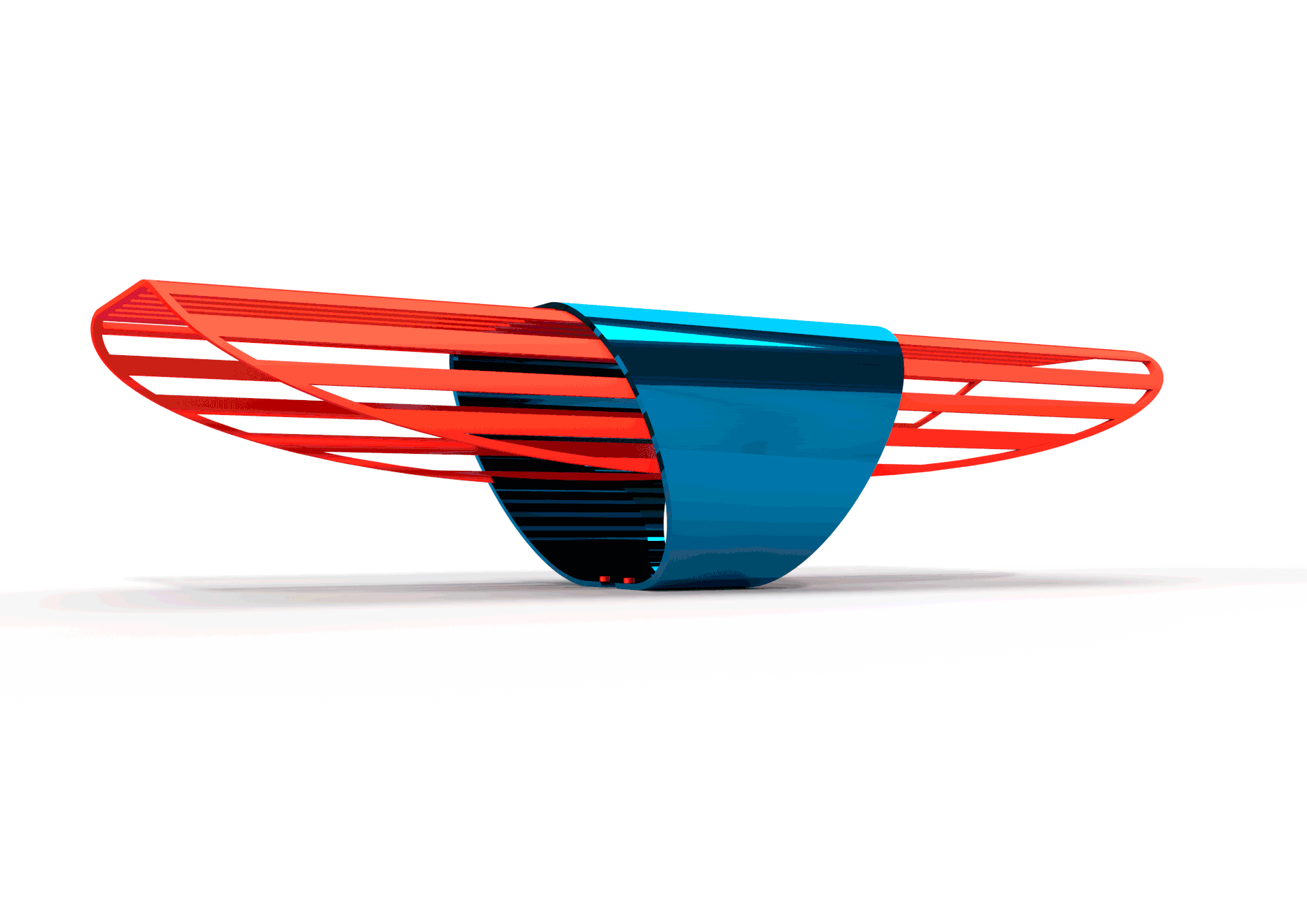 A bench in blue mirror-finish steel with a matte red support.