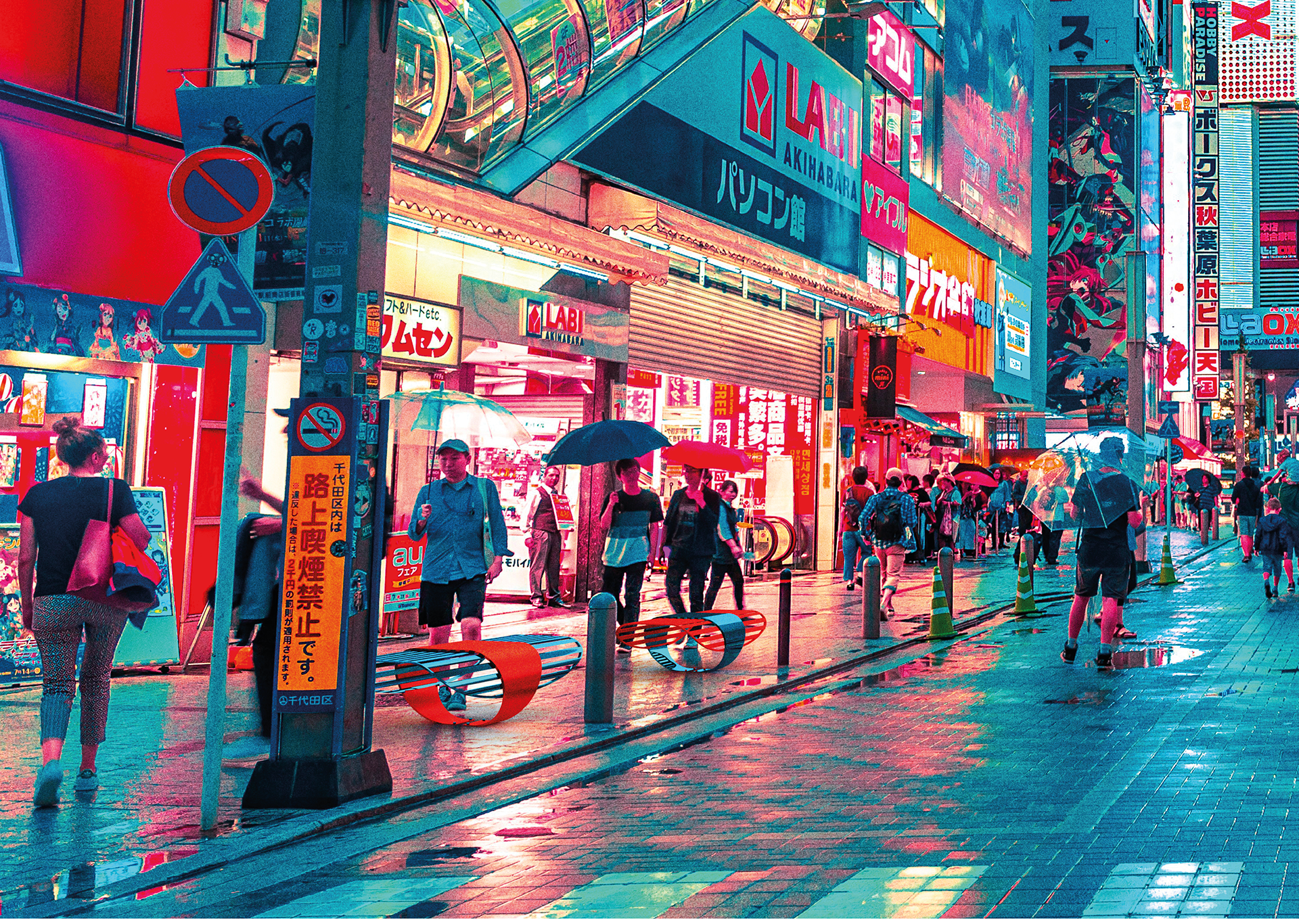 The blue and red benches on a busy street lit by neon signs, in the rain.