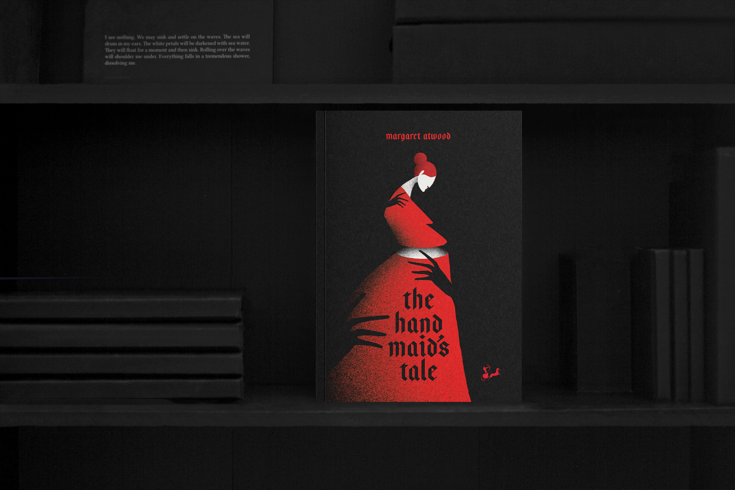 The cover of The Handmaid’s Tale on a dark bookshelf.
