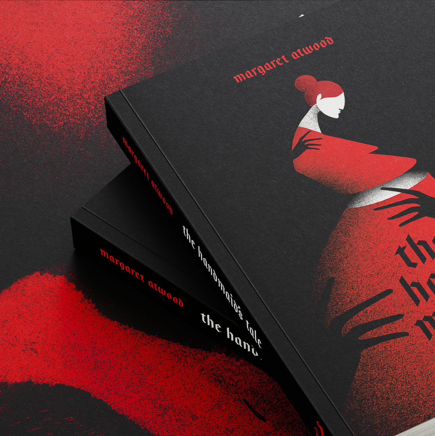 Two copies of the book, cover and spine, on red spray paint.