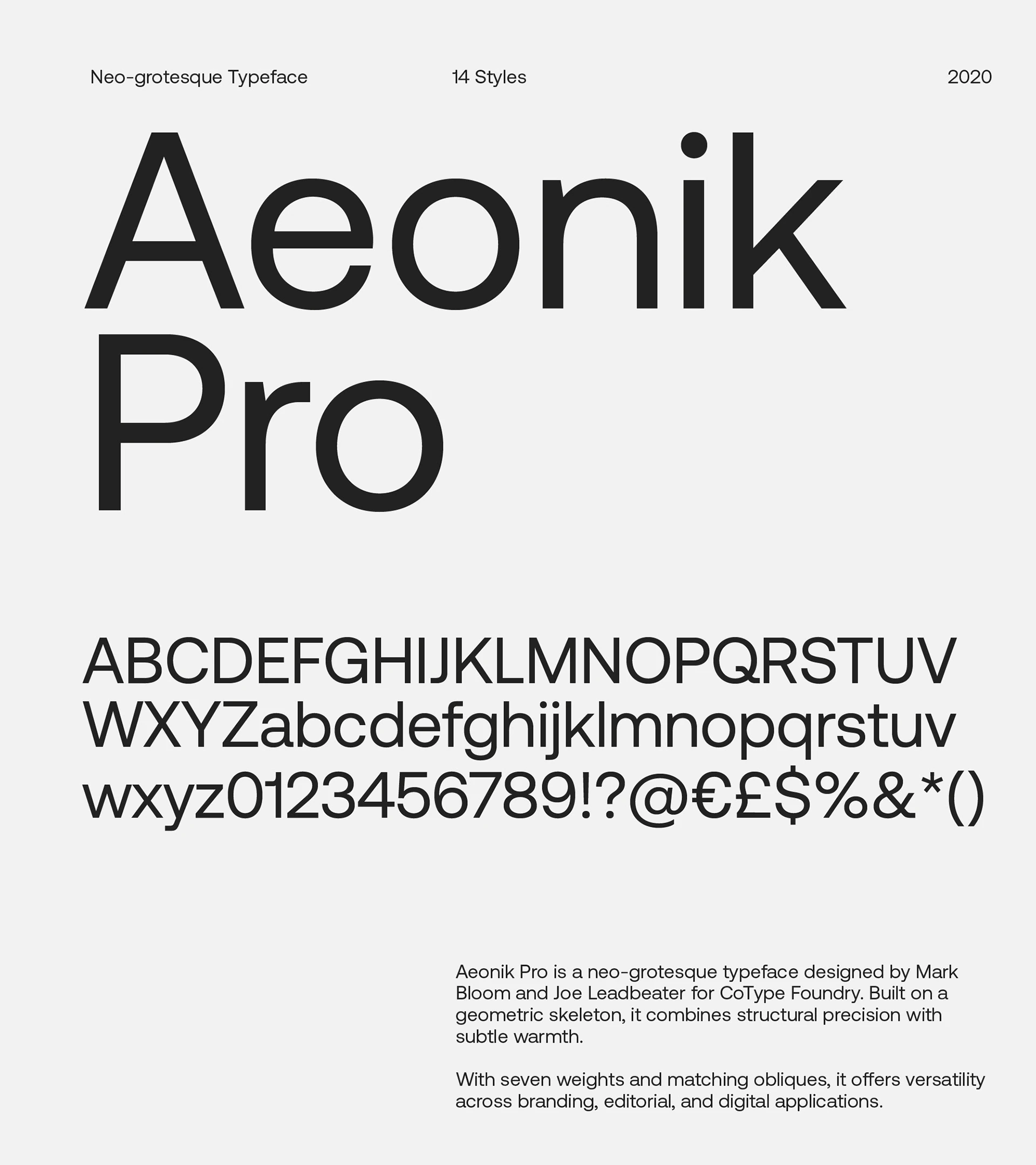 Aeonik Pro, the brand typeface, with its alphabet.