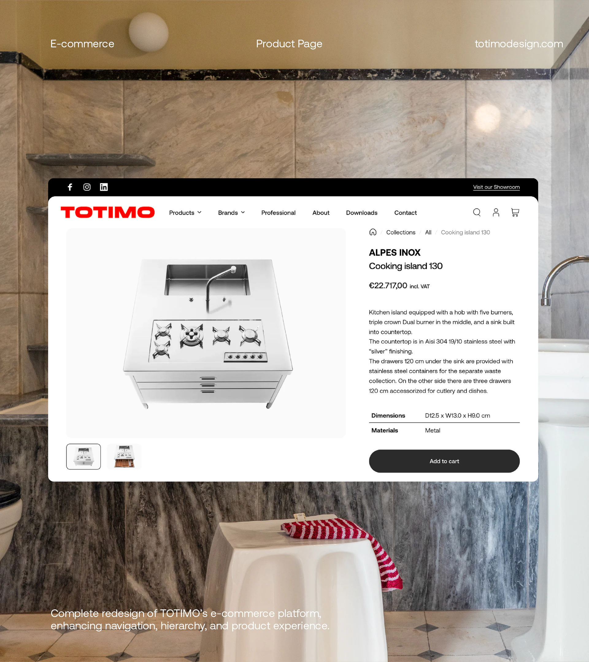 A product page of the TOTIMO e-shop over a photograph of the showroom.