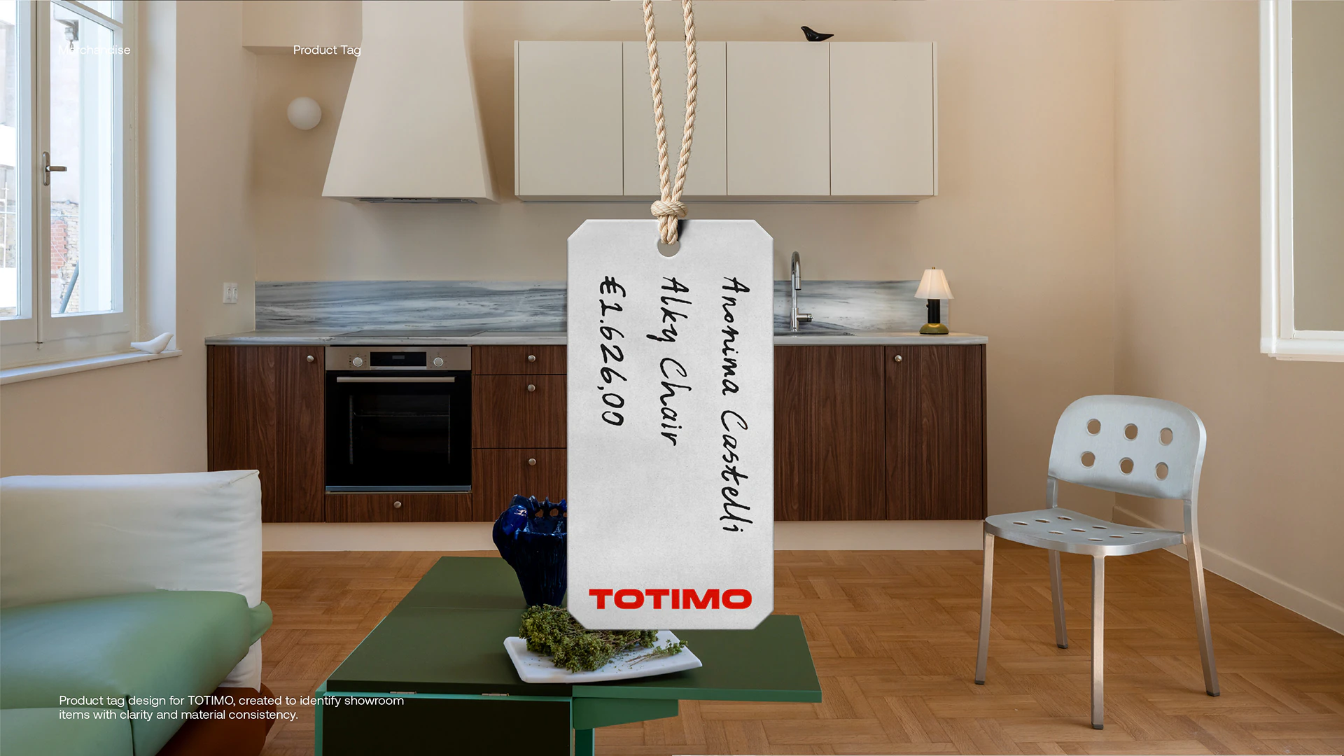 A TOTIMO price tag hanging from a chair in the showroom.