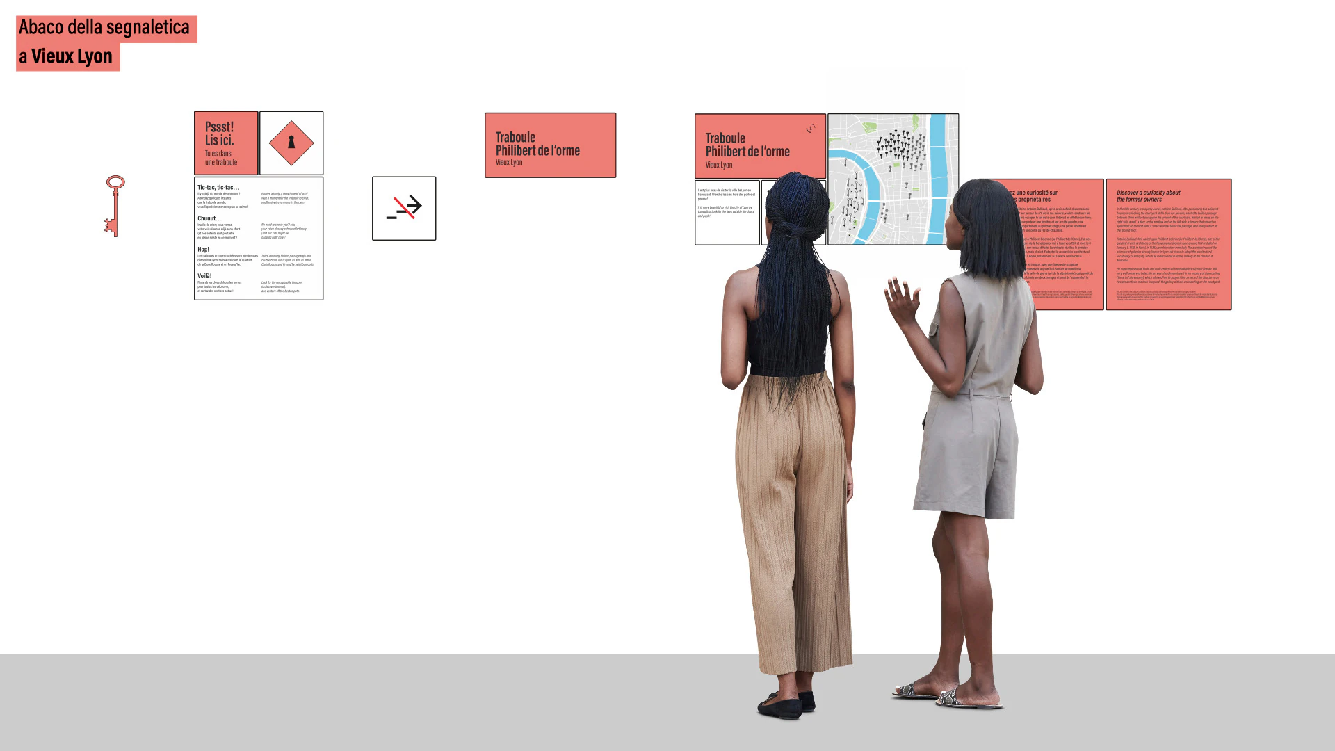 The family of signs for Vieux Lyon, in red, with two visitors for scale.