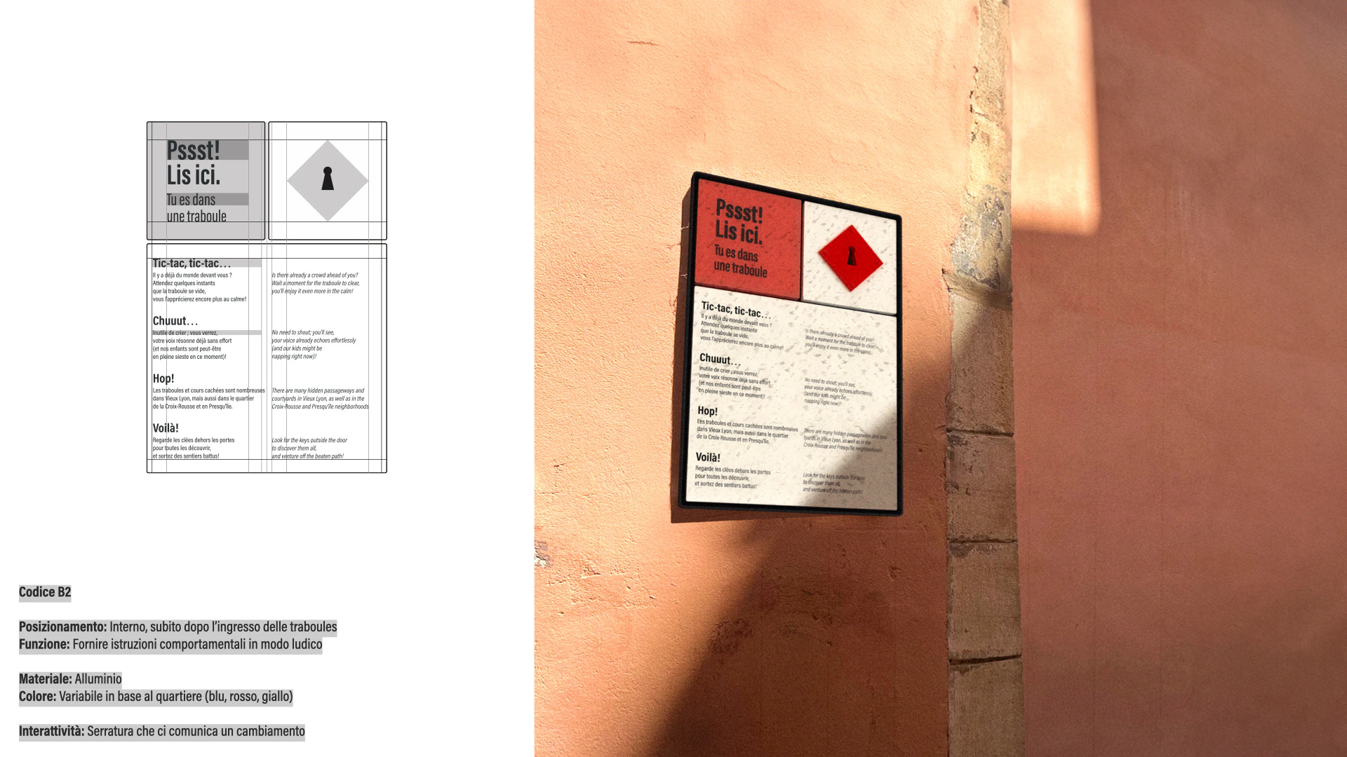 The panel «Pssst! Lis ici.» just inside a traboule: the drawing and the panel on the wall.