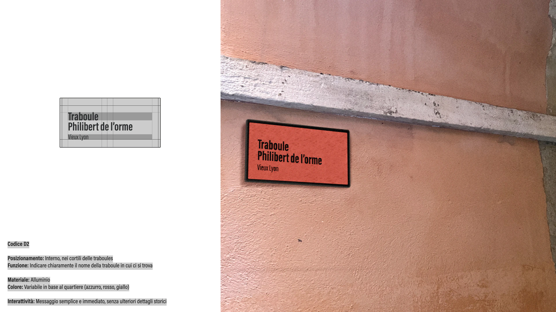The name plate of a traboule: the drawing and the plate on the wall.