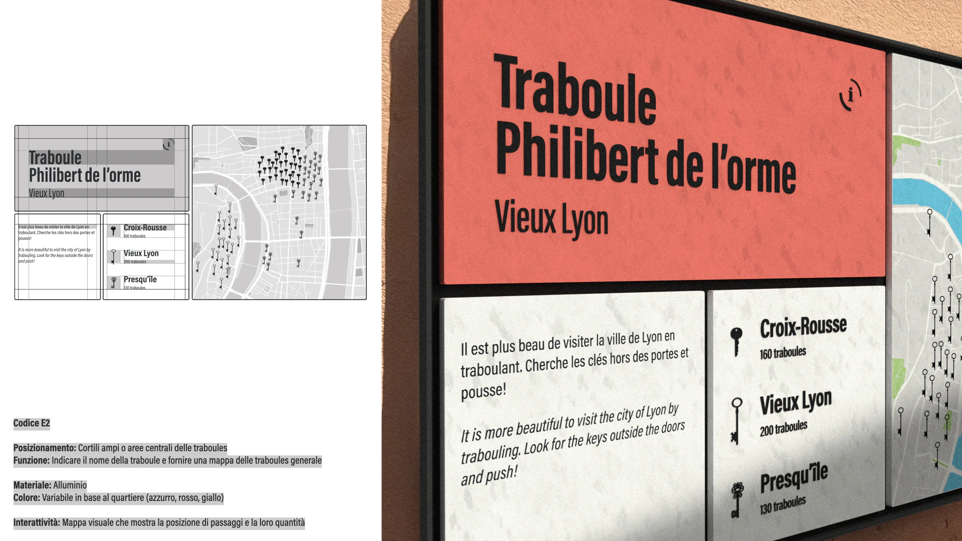 The map panel of the Traboule Philibert de l’Orme, in Vieux Lyon: the drawing and the panel in place.