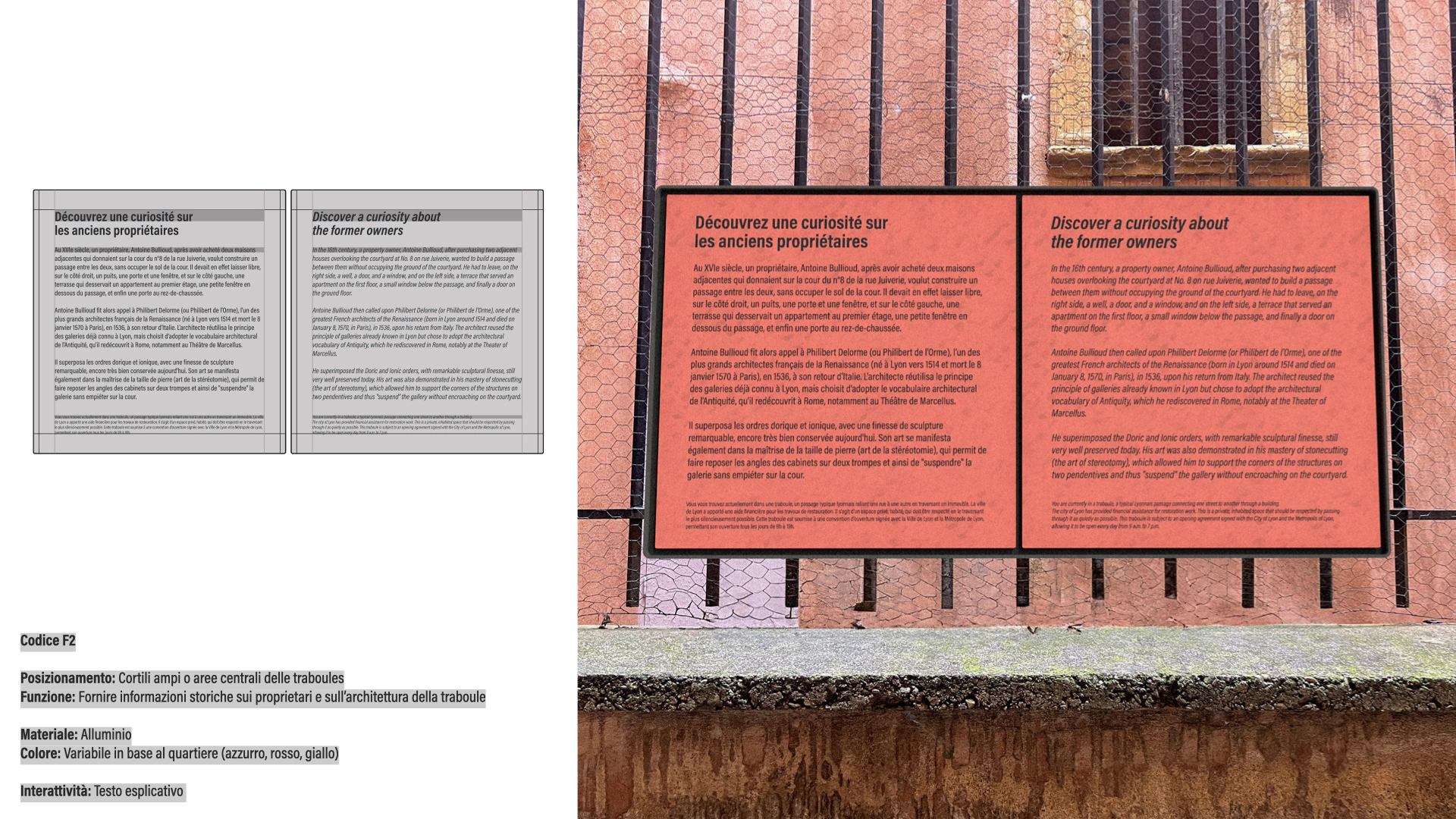 A text panel for residents and visitors: the drawing and the panel on a railing.