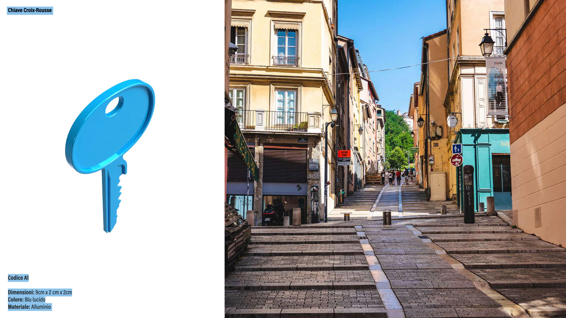 The blue key of the Croix-Rousse beside a street of the neighbourhood.