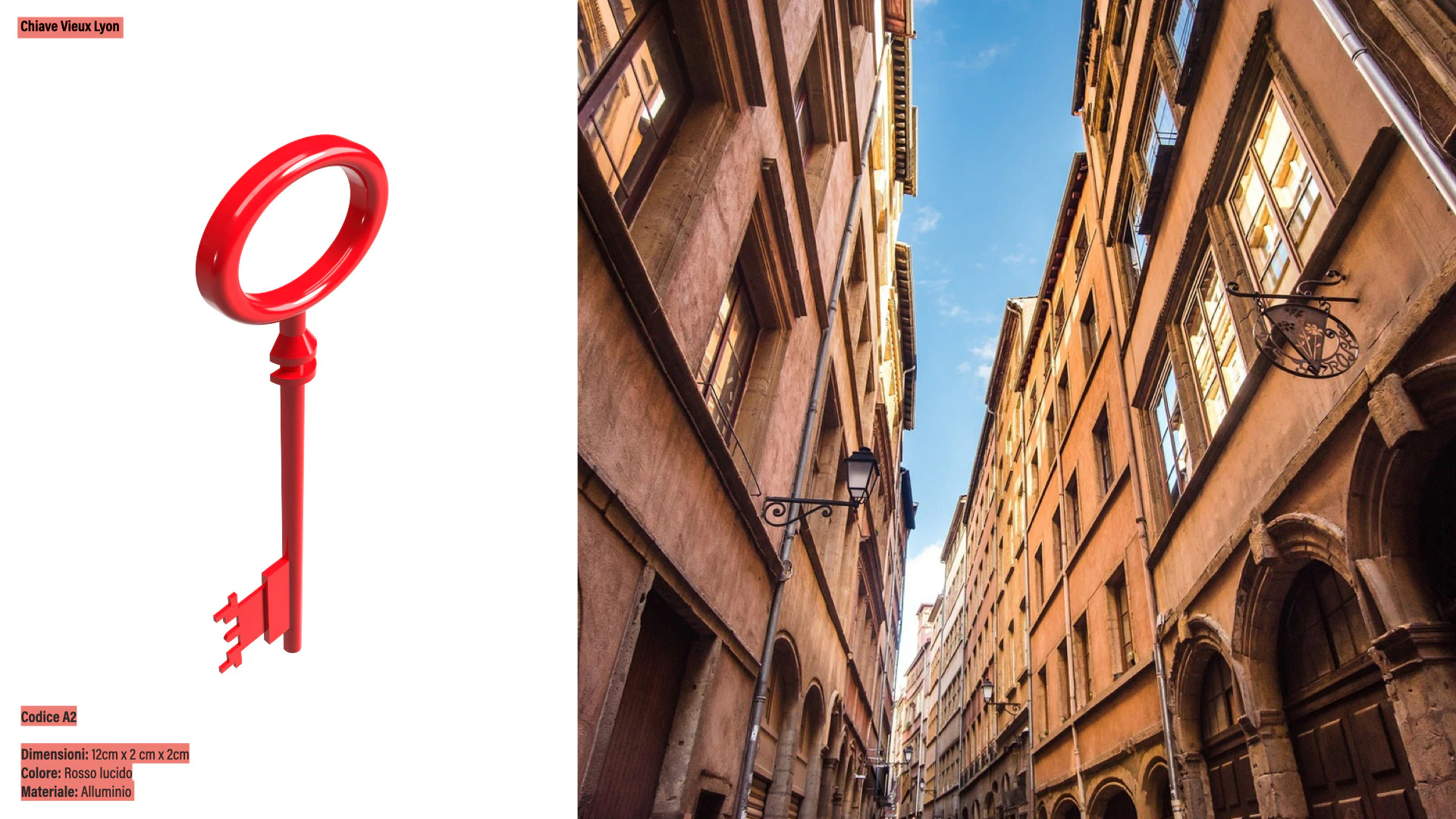 The red key of Vieux Lyon beside a street of the neighbourhood.