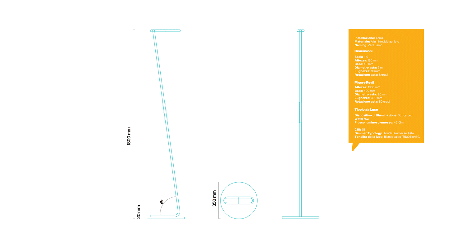 A drawing of the lamp with its dimensions and its features.