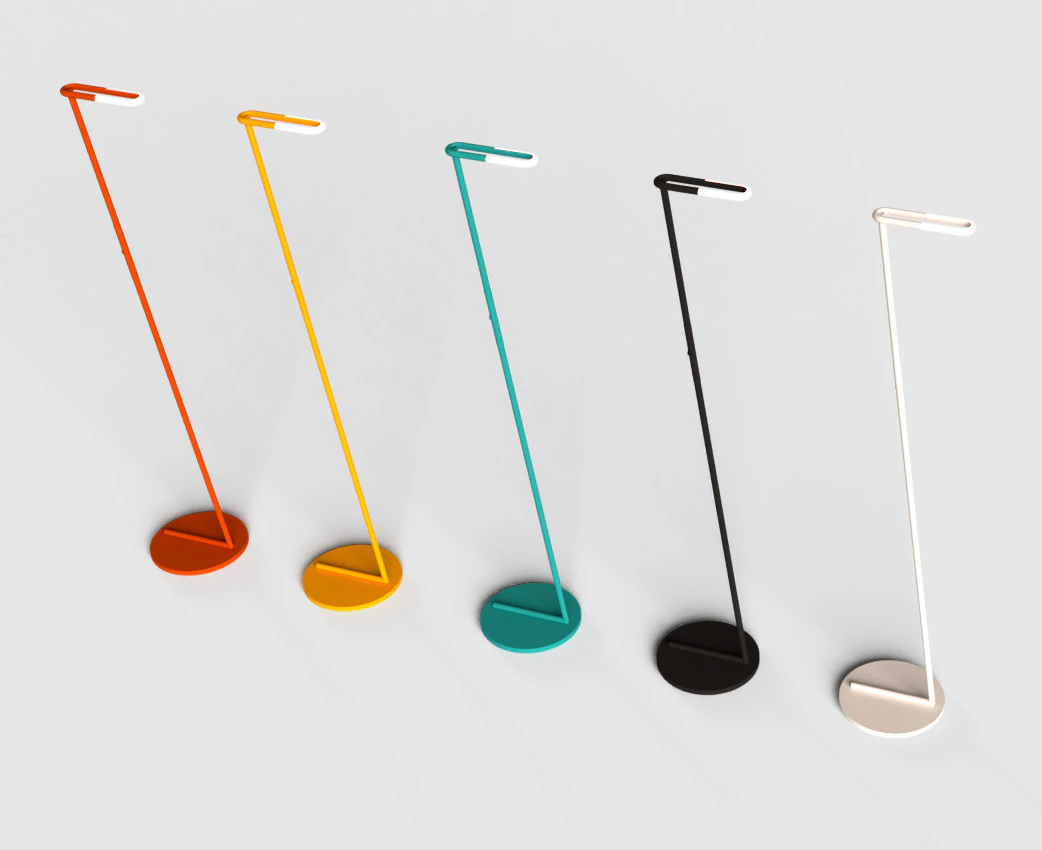 The five Zeta Lamps, in orange, yellow, teal, black and white.