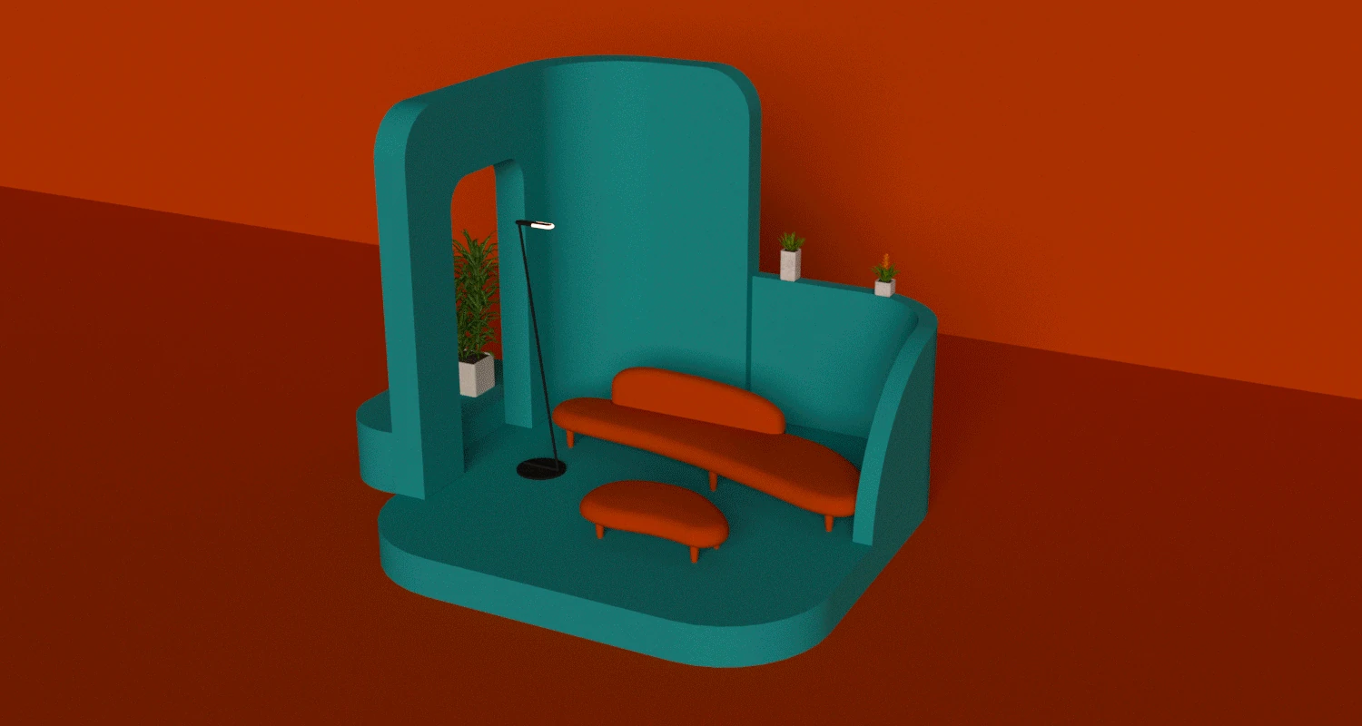 A small teal and red interior with a Zeta Lamp beside the sofa.