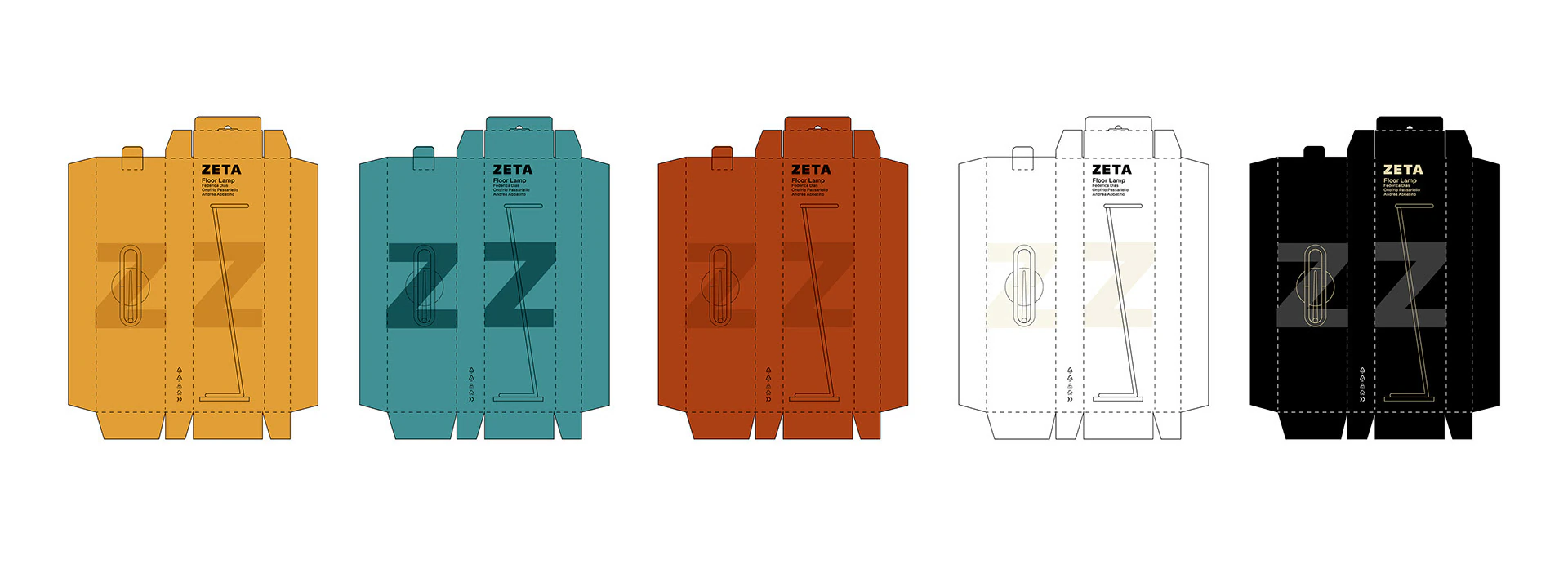 The five boxes, flat, one for each colour.