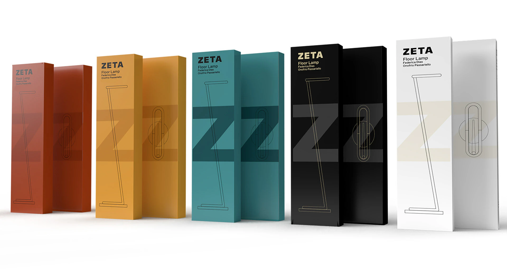 The boxes in the five colours, standing in a row.
