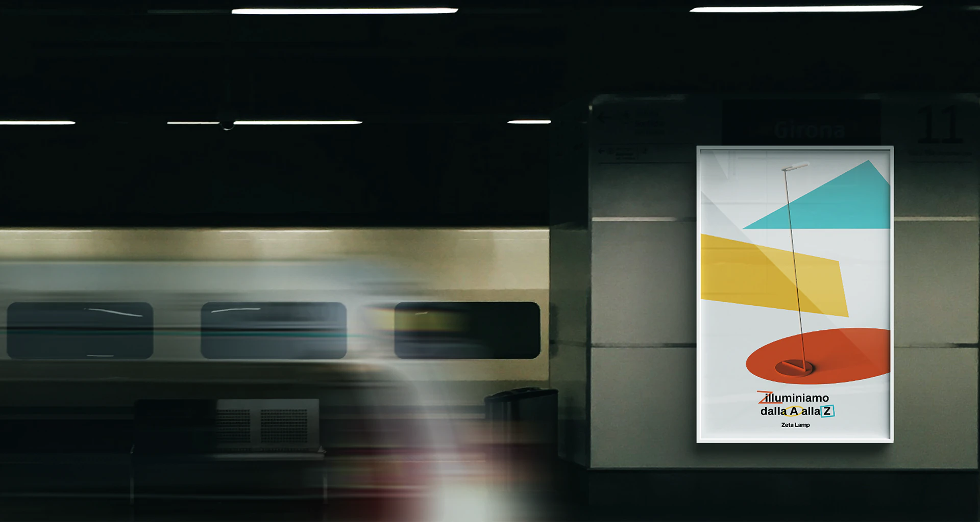The poster in a metro station, with a train passing.